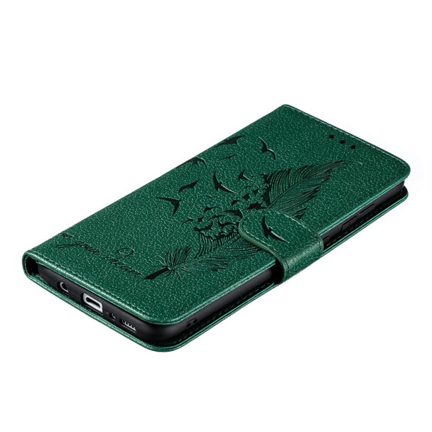Feather Pattern Litchi Texture Horizontal Flip Leatherette Case with Wallet & Holder & Card Slots - Galaxy A70(Green)