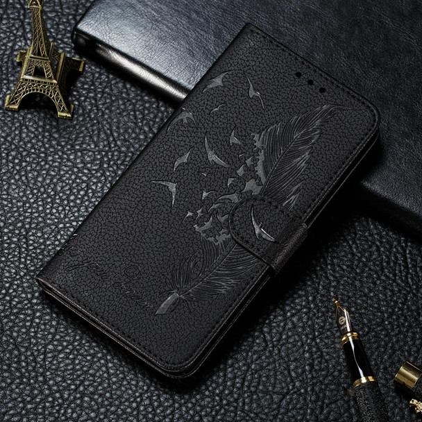 Feather Pattern Litchi Texture Horizontal Flip Leatherette Case with Wallet & Holder & Card Slots - Galaxy A60(Black)