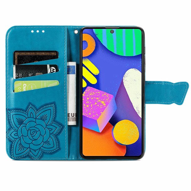 Samsung Galaxy F62 Butterfly Love Flowers Embossed Horizontal Flip Leather Case with Holder & Card Slots & Wallet & Lanyard(Blue)