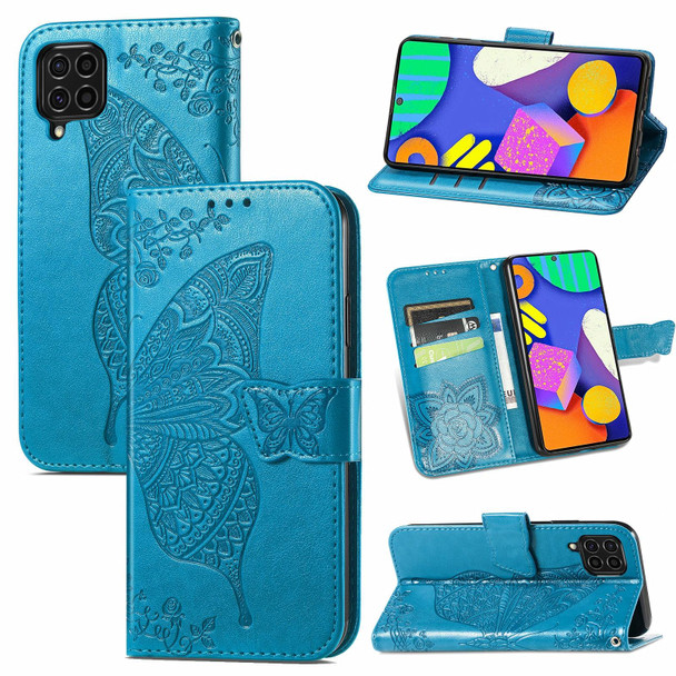 Samsung Galaxy F62 Butterfly Love Flowers Embossed Horizontal Flip Leather Case with Holder & Card Slots & Wallet & Lanyard(Blue)