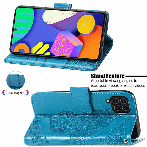 Samsung Galaxy F62 Butterfly Love Flowers Embossed Horizontal Flip Leather Case with Holder & Card Slots & Wallet & Lanyard(Blue)