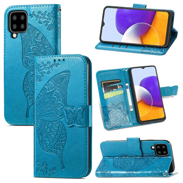 Samsung Galaxy A22 5G Butterfly Love Flowers Embossed Horizontal Flip Leather Case with Holder & Card Slots & Wallet & Lanyard(Blue)