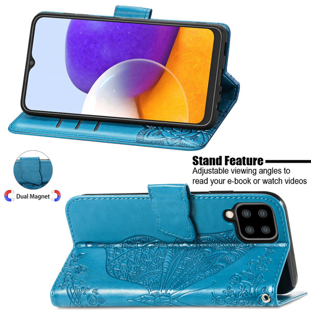 Samsung Galaxy A22 5G Butterfly Love Flowers Embossed Horizontal Flip Leather Case with Holder & Card Slots & Wallet & Lanyard(Blue)