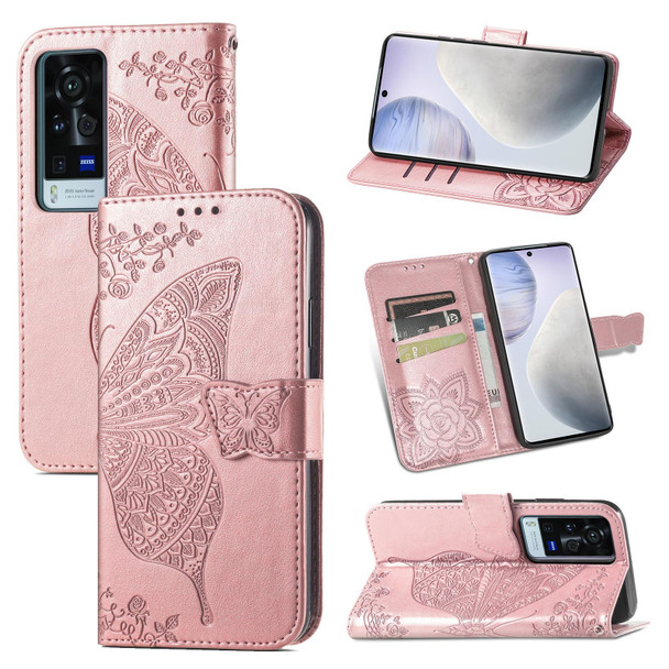 vivo X60 Pro Butterfly Love Flowers Embossed Horizontal Flip Leather Case with Holder & Card Slots & Wallet & Lanyard(Rose Gold)