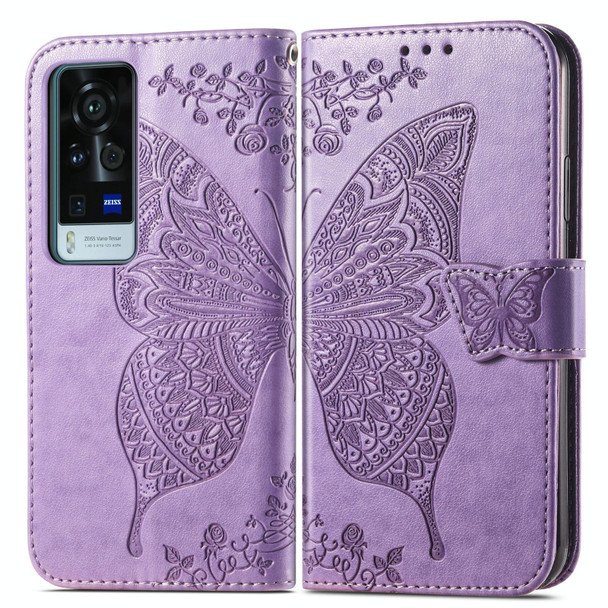 vivo X60 Pro Butterfly Love Flowers Embossed Horizontal Flip Leather Case with Holder & Card Slots & Wallet & Lanyard(Light Purple)