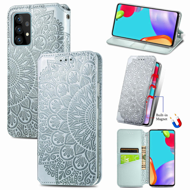 Samsung Galaxy A72 5G / 4G Blooming Mandala Embossed Pattern Magnetic Horizontal Flip Leather Case with Holder & Card Slots & Wallet(Grey)