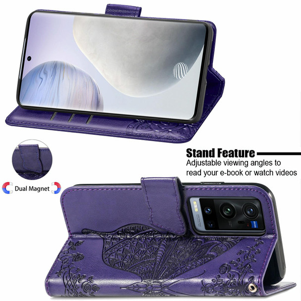 vivo X60 Pro+ Butterfly Love Flowers Embossed Horizontal Flip Leather Case with Holder & Card Slots & Wallet & Lanyard(Dark Purple)