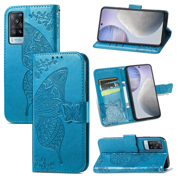 vivo X60 Butterfly Love Flowers Embossed Horizontal Flip Leather Case with Holder & Card Slots & Wallet & Lanyard(Blue)