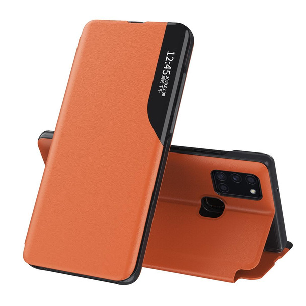 Galaxy A21S Side Display Magnetic Shockproof Horizontal Flip Leather Case with Holder(Orange)