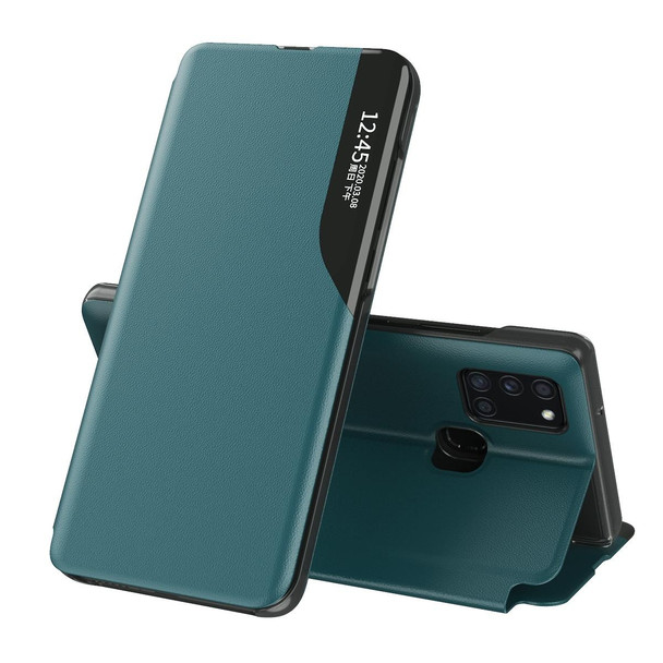 Galaxy A21S Side Display Magnetic Shockproof Horizontal Flip Leather Case with Holder(Green)