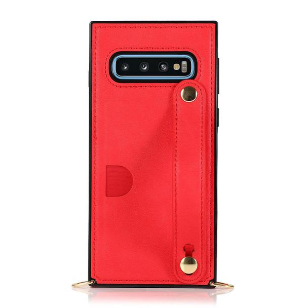 Samsung Galaxy S10e Wrist Strap PU+TPU Shockproof Protective Case with Crossbody Lanyard & Holder & Card Slot(Red)