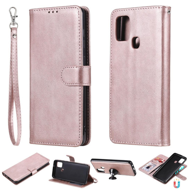 Samsung Galaxy A21s 2 in 1 Solid Color Detachable PU Leather Case with Card Slots & Magnetic Holder & Photo Frame & Wallet & Strap(Rose Gold)