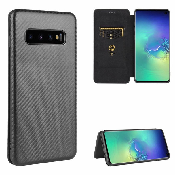 Samsung Galaxy S10 Carbon Fiber Texture Magnetic Horizontal Flip TPU + PC + PU Leather Case with Rope & Card Slot(Black)