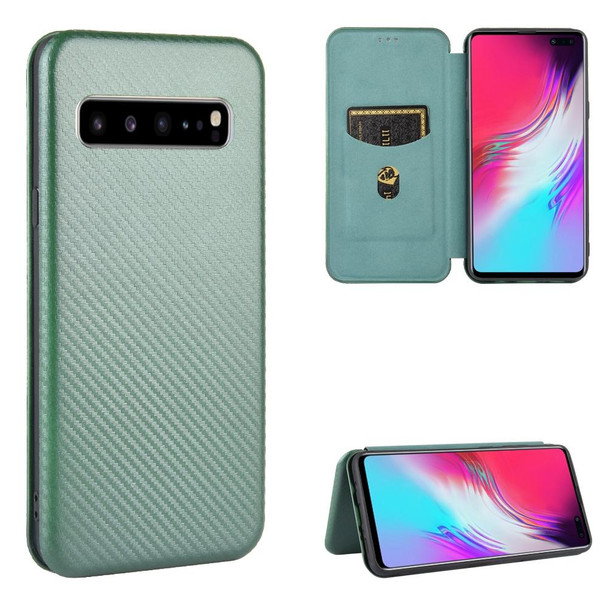 Samsung Galaxy S10 5G Carbon Fiber Texture Magnetic Horizontal Flip TPU + PC + PU Leather Case with Rope & Card Slot(Green)