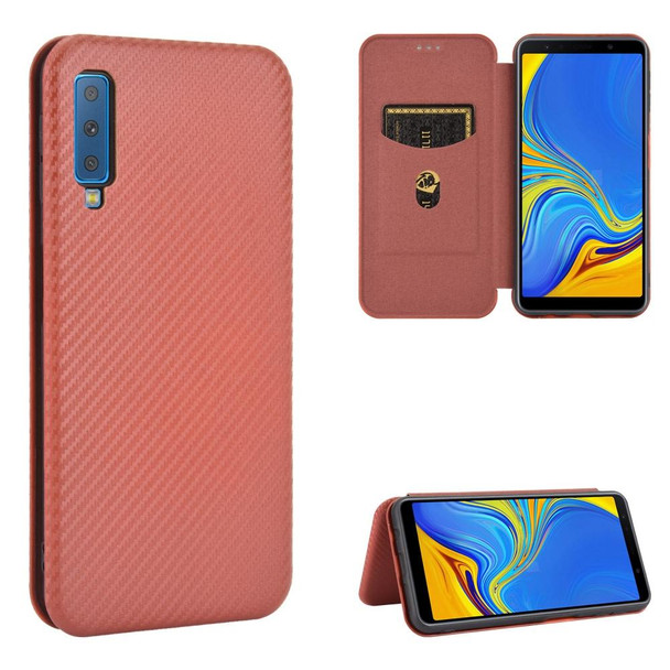 Samsung Galaxy A7(2018) / A750 Carbon Fiber Texture Magnetic Horizontal Flip TPU + PC + PU Leather Case with Rope & Card Slot(Brown)