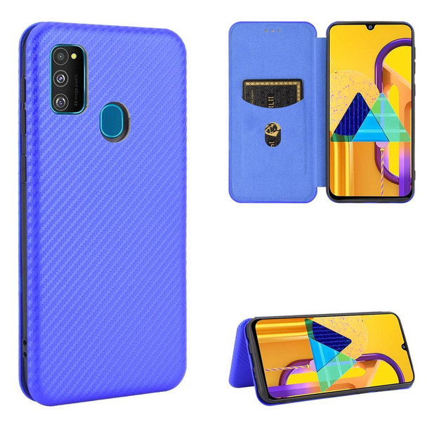 Samsung Galaxy M30s / M21 Carbon Fiber Texture Magnetic Horizontal Flip TPU + PC + PU Leather Case with Rope & Card Slot(Blue)