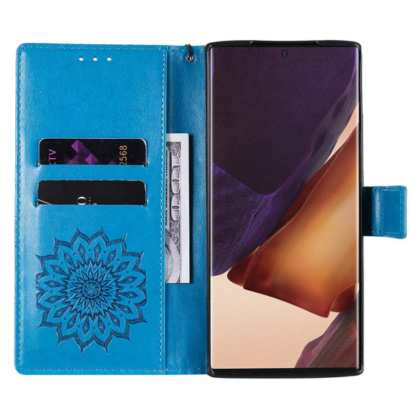 Samsung Galaxy Note20 Ultra 5G Sun Embossing Pattern Horizontal Flip Leather Case with Card Slot & Holder & Wallet & Lanyard(Blue)