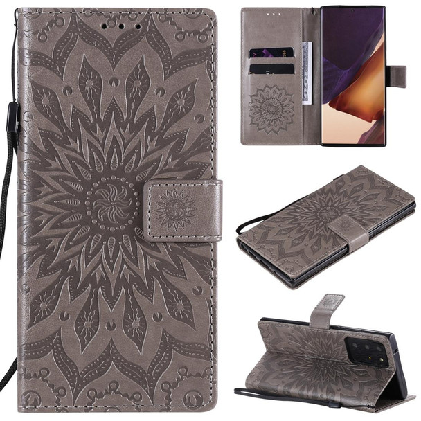 Samsung Galaxy Note20 Ultra 5G Sun Embossing Pattern Horizontal Flip Leather Case with Card Slot & Holder & Wallet & Lanyard(Grey)