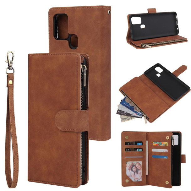 Samsung Galaxy A21s Multifunctional Retro Frosted Horizontal Flip Leather Case with Card Slot & Holder & Zipper Wallet & Photo Frame & Lanyard(Brown)