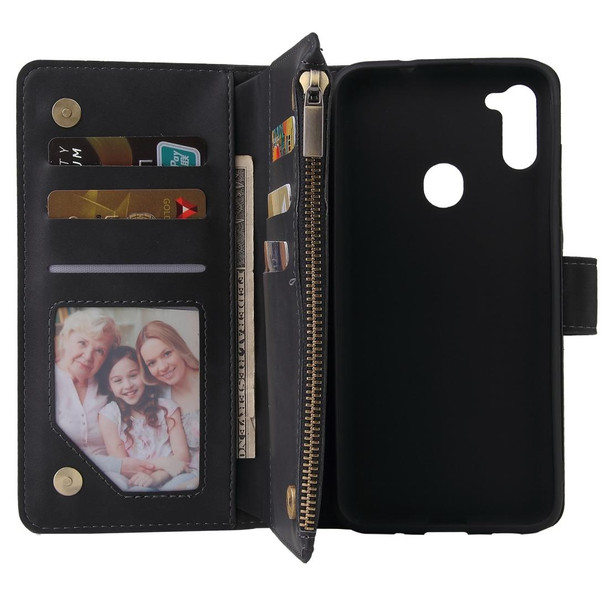 Samsung Galaxy A11 Multifunctional Retro Frosted Horizontal Flip Leather Case with Card Slot & Holder & Zipper Wallet & Photo Frame & Lanyard(Black)