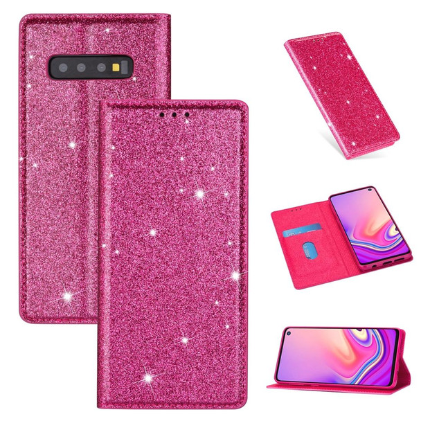 Samsung Galaxy S10 Ultrathin Glitter Magnetic Horizontal Flip Leather Case with Holder & Card Slots(Rose Red)