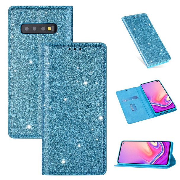 Samsung Galaxy S10 Ultrathin Glitter Magnetic Horizontal Flip Leather Case with Holder & Card Slots(Sky Blue)