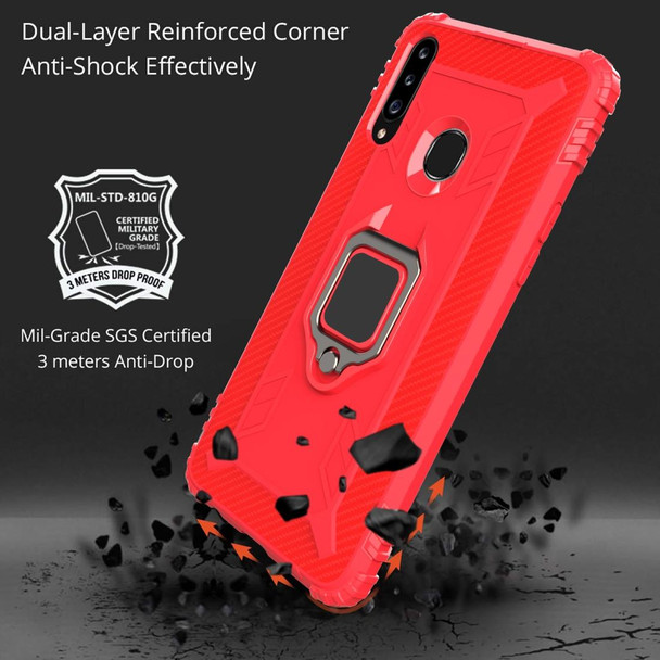 Samsung Galaxy A70e Carbon Fiber Protective Case with 360 Degree Rotating Ring Holder(Red)