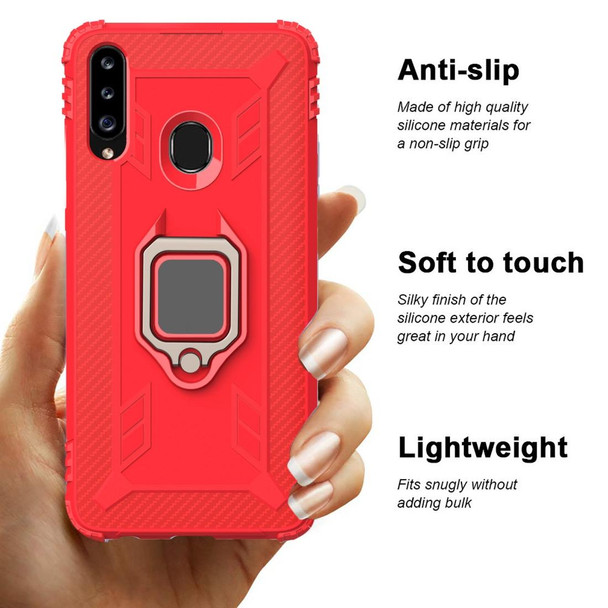 Samsung Galaxy A70e Carbon Fiber Protective Case with 360 Degree Rotating Ring Holder(Red)