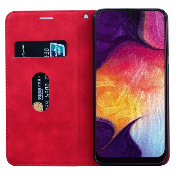 Samsung Galaxy A50 Frosted Business Magnetic Horizontal Flip PU Leather Case with Holder & Card Slot & Lanyard(Red)