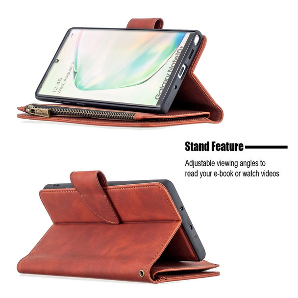 Samsung Galaxy Note10+ Skin Feel Detachable Magnetic Zipper Horizontal Flip PU Leather Case with Multi-Card Slots & Holder & Wallet & Photo Frame & Lanyard(Brown)