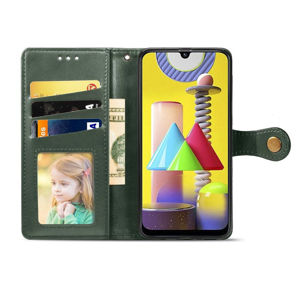 Galaxy M31 Retro Solid Color Leather Buckle Phone Case with Lanyard & Photo Frame & Card Slot & Wallet & Stand Function(Green)