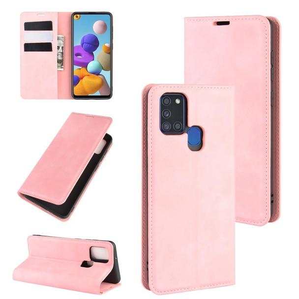 Galaxy A21s Retro-skin Business Magnetic Suction Leather Case with Holder & Card Slots & Wallet(Pink)