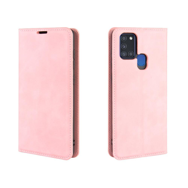Galaxy A21s Retro-skin Business Magnetic Suction Leather Case with Holder & Card Slots & Wallet(Pink)