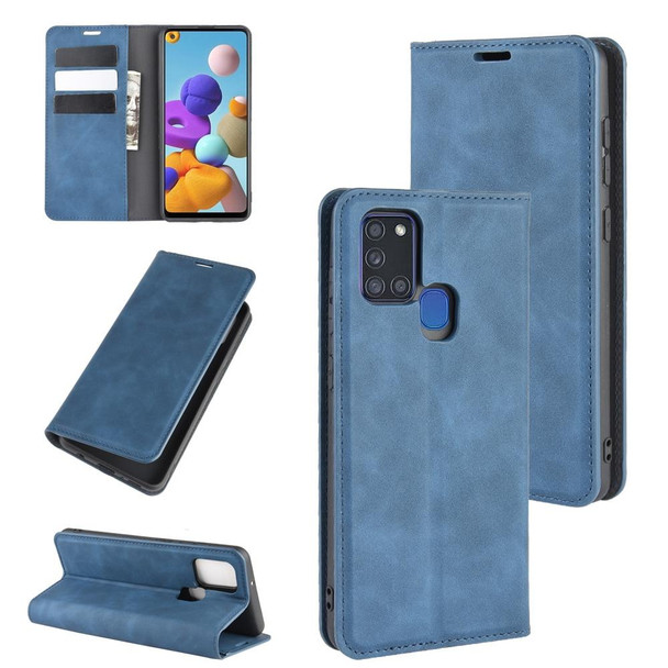 Galaxy A21s Retro-skin Business Magnetic Suction Leather Case with Holder & Card Slots & Wallet(Dark Blue)