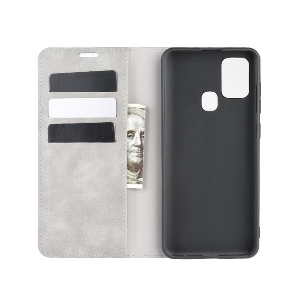 Galaxy A21s Retro-skin Business Magnetic Suction Leather Case with Holder & Card Slots & Wallet(Grey)