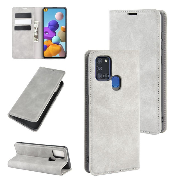 Galaxy A21s Retro-skin Business Magnetic Suction Leather Case with Holder & Card Slots & Wallet(Grey)