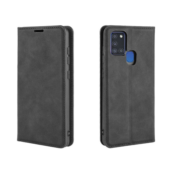 Galaxy A21s Retro-skin Business Magnetic Suction Leather Case with Holder & Card Slots & Wallet(Black)