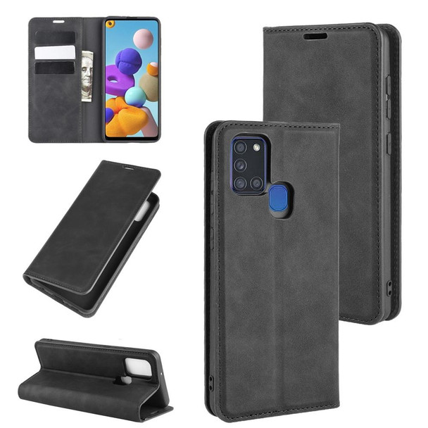 Galaxy A21s Retro-skin Business Magnetic Suction Leather Case with Holder & Card Slots & Wallet(Black)