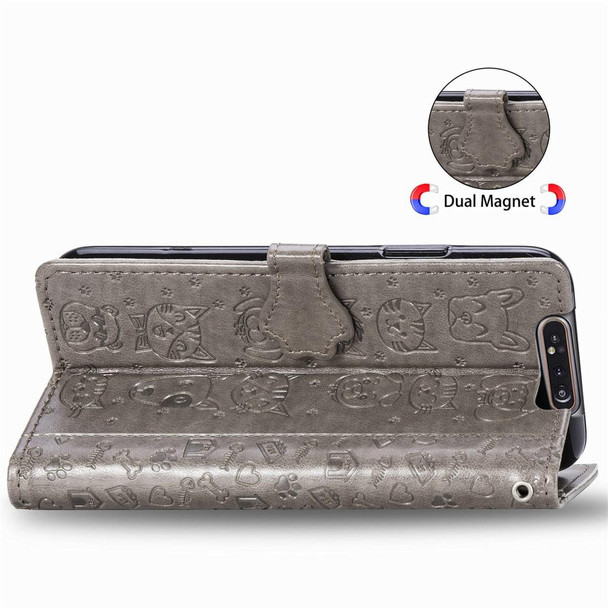 Galaxy A80/A90 Cute Cat and Dog Embossed Horizontal Flip Leather Case with Bracket / Card Slot / Wallet / Lanyard(Gray)