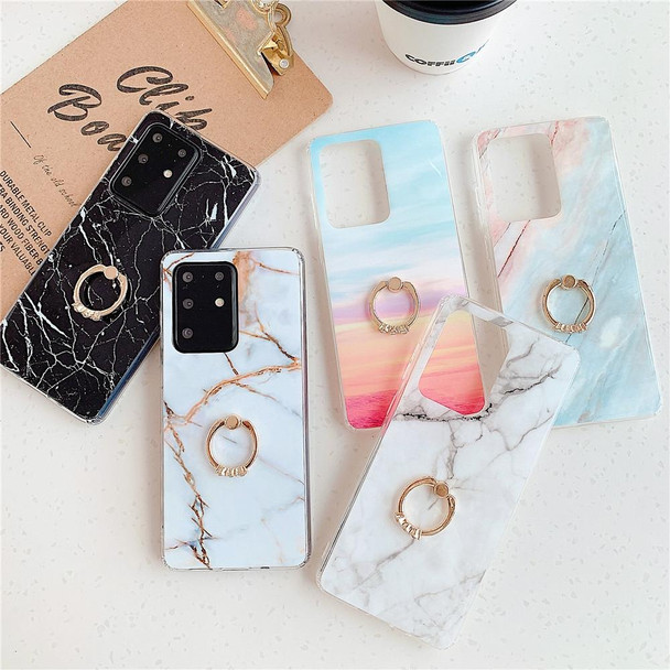 Galaxy S20 Plus TPU Smooth Marble with Ring Metal Rhinestone Bracket Mobile Phone Protective Case(Black Q30)