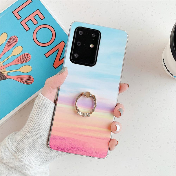 Galaxy S20 Plus TPU Smooth Marble with Ring Metal Rhinestone Bracket Mobile Phone Protective Case(Rainbow Q16)