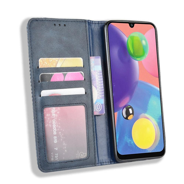 Galaxy A70s Magnetic Buckle Retro Crazy Horse Texture Horizontal Flip Leather Case , with Holder & Card Slots & Photo Frame(Blue)