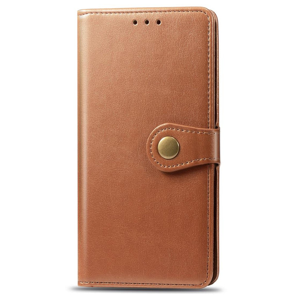Retro Solid Color Leather Buckle Mobile Phone Protection Leather Case with Photo Frame & Card Slot & Wallet & Bracket Function for Galaxy A10(Brown)