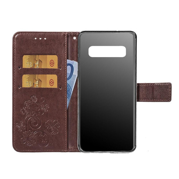 Lucky Clover Pressed Flowers Pattern Leather Case for Galaxy S10e, with Holder & Card Slots & Wallet & Hand Strap (Brown)
