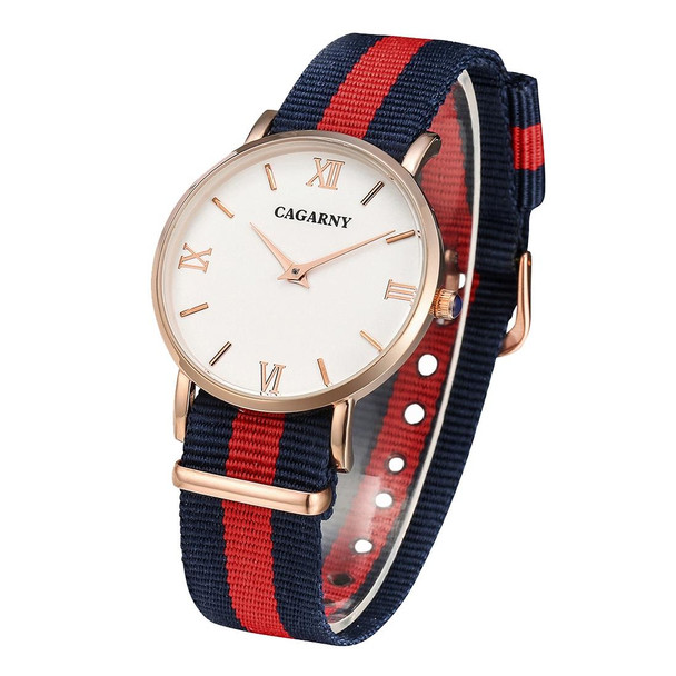 CAGARNY 6813 Fashionable Ultra Thin Rose Gold Case Quartz Wrist Watch with 3 Stripes Nylon Band for Women(Red)