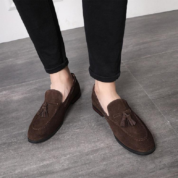 Men Leather Shoes Suede Tassels Slip-on Peas Shoes, Size:43(Brown)