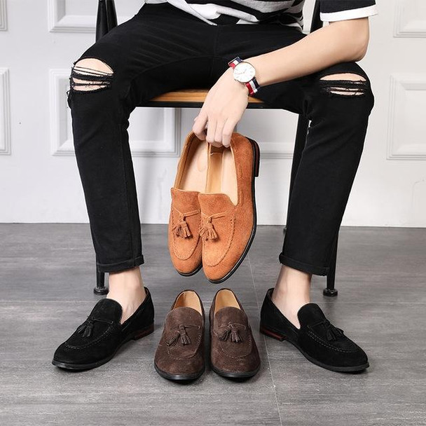 Men Leather Shoes Suede Tassels Slip-on Peas Shoes, Size:41(Brown)