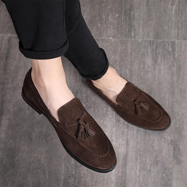 Men Leather Shoes Suede Tassels Slip-on Peas Shoes, Size:39(Brown)