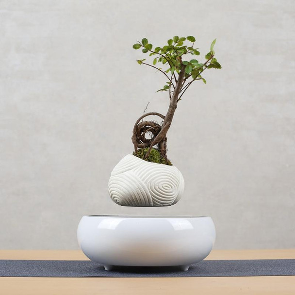 Beige Stripe Flower Pot + Imitation Ceramic Resin Base Magnetic Levitation Potted Plant Home Decoration, US Plug