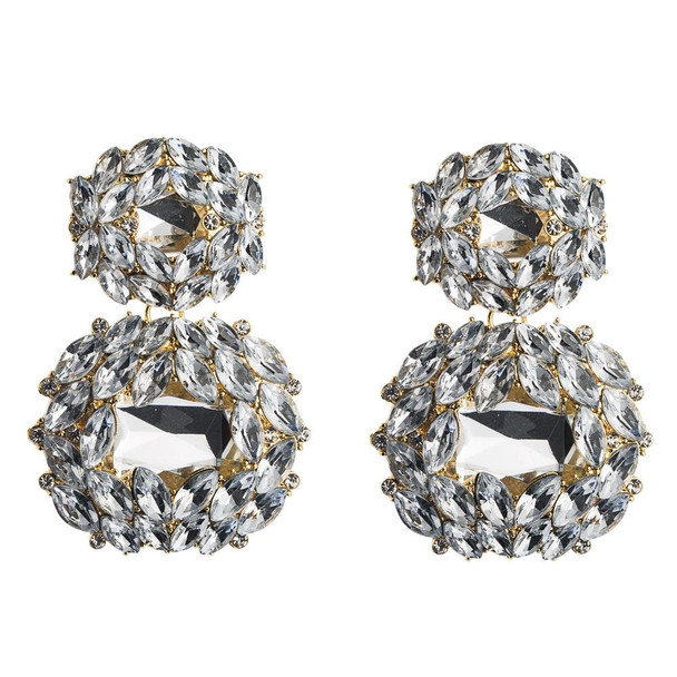 2 Pairs Female Earrings Exaggerated Alloy Geometric Glass Diamond Earrings(White)